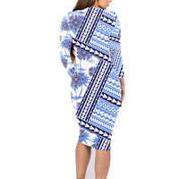 Hawaii Quilt Family Matching Long Sleeve Bodycon Dress and Hawaiian Shirt Kakau Polynesian Pattern Blue Version LT01 - Polynesian Pride