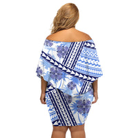 Hawaii Quilt Family Matching Off Shoulder Short Dress and Hawaiian Shirt Kakau Polynesian Pattern Blue Version LT01 - Polynesian Pride