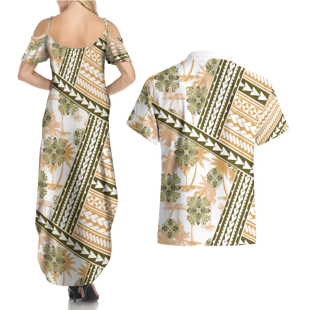 Hawaii Quilt Couples Matching Summer Maxi Dress and Hawaiian Shirt Kakau Polynesian Pattern Gold Version LT01 - Polynesian Pride