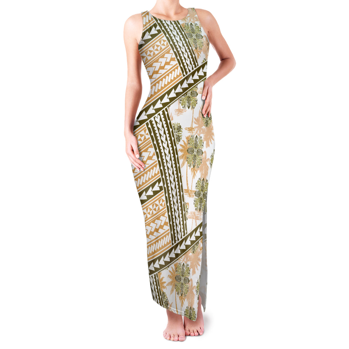 Hawaii Quilt Family Matching Tank Maxi Dress and Hawaiian Shirt Kakau Polynesian Pattern Gold Version LT01 Mom's Dress Gold - Polynesian Pride
