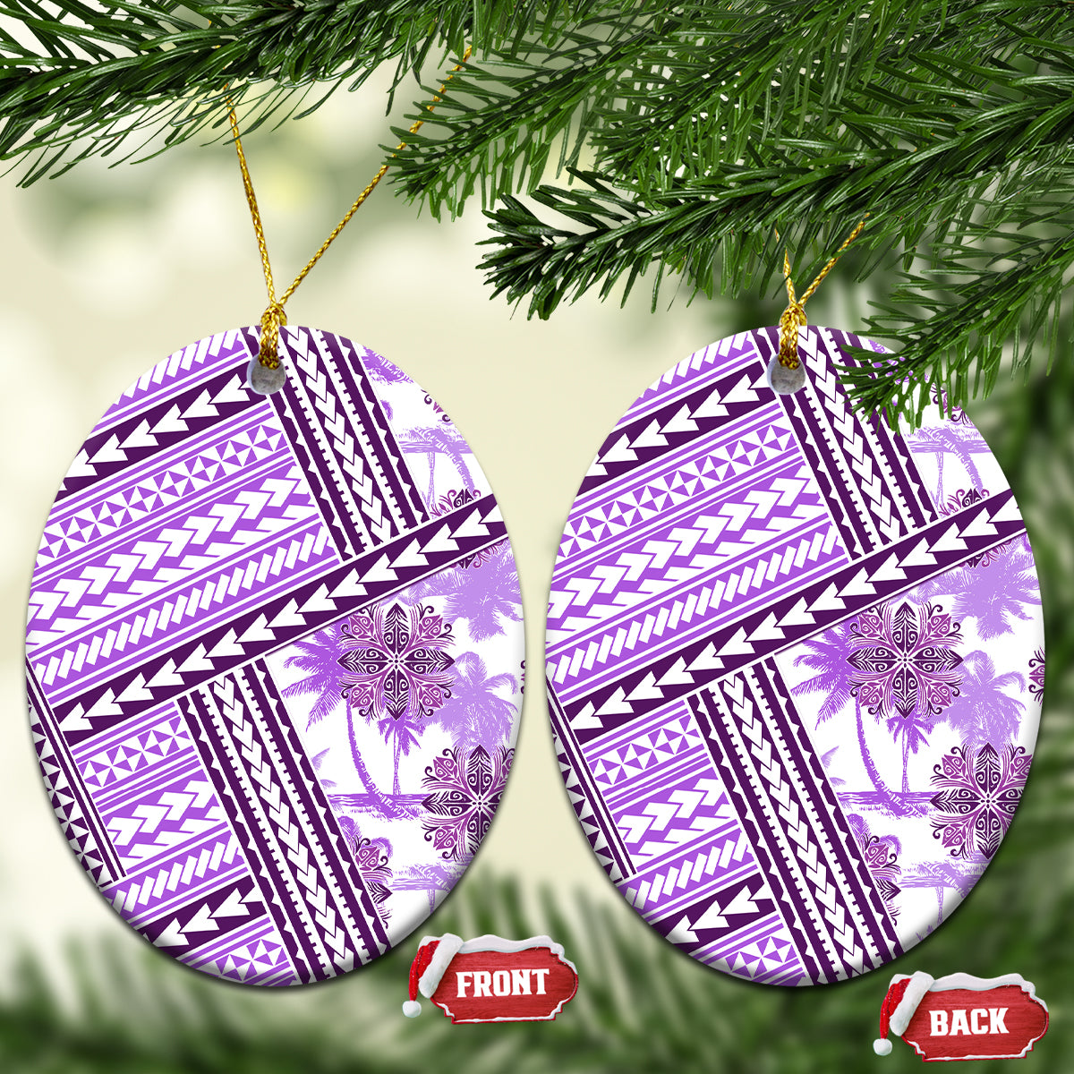 Hawaii Quilt Ceramic Ornament Kakau Polynesian Pattern Lilac Version LT01 Oval Purple - Polynesian Pride