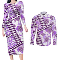 Hawaii Quilt Couples Matching Long Sleeve Bodycon Dress and Long Sleeve Button Shirt Kakau Polynesian Pattern Lilac Version LT01 Purple - Polynesian Pride