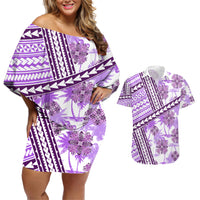 Hawaii Quilt Couples Matching Off Shoulder Short Dress and Hawaiian Shirt Kakau Polynesian Pattern Lilac Version LT01 Purple - Polynesian Pride