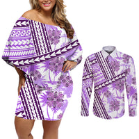 Hawaii Quilt Couples Matching Off Shoulder Short Dress and Long Sleeve Button Shirt Kakau Polynesian Pattern Lilac Version LT01 Purple - Polynesian Pride