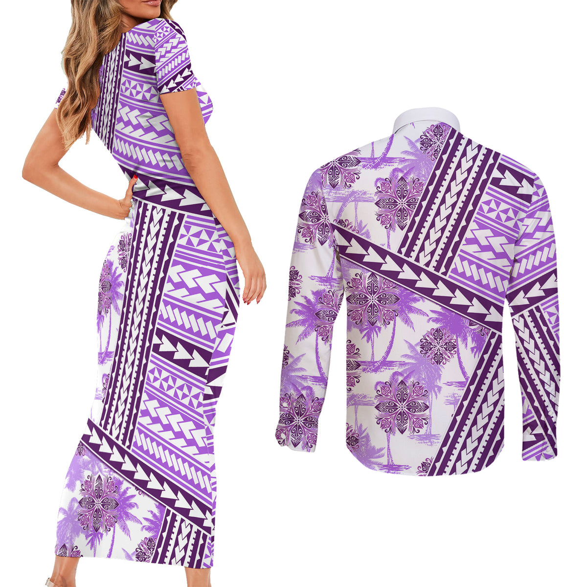 Hawaii Quilt Couples Matching Short Sleeve Bodycon Dress and Long Sleeve Button Shirt Kakau Polynesian Pattern Lilac Version LT01 - Polynesian Pride