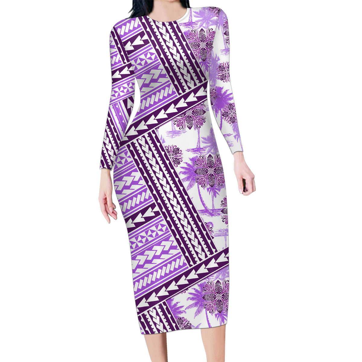 Hawaii Quilt Family Matching Long Sleeve Bodycon Dress and Hawaiian Shirt Kakau Polynesian Pattern Lilac Version LT01 Mom's Dress Purple - Polynesian Pride
