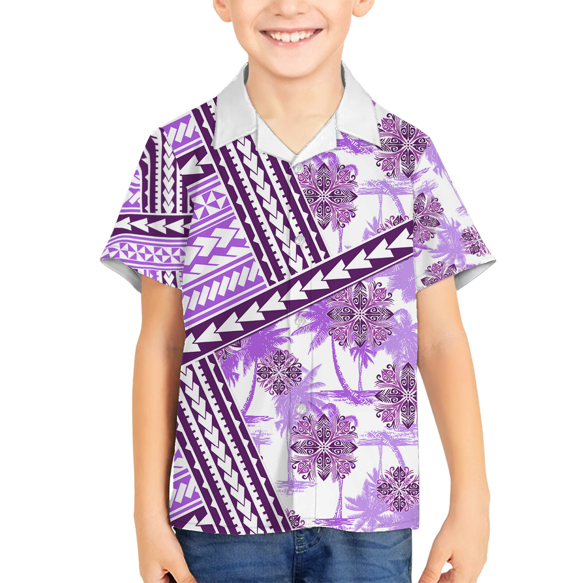 Hawaii Quilt Family Matching Long Sleeve Bodycon Dress and Hawaiian Shirt Kakau Polynesian Pattern Lilac Version LT01 Son's Shirt Purple - Polynesian Pride