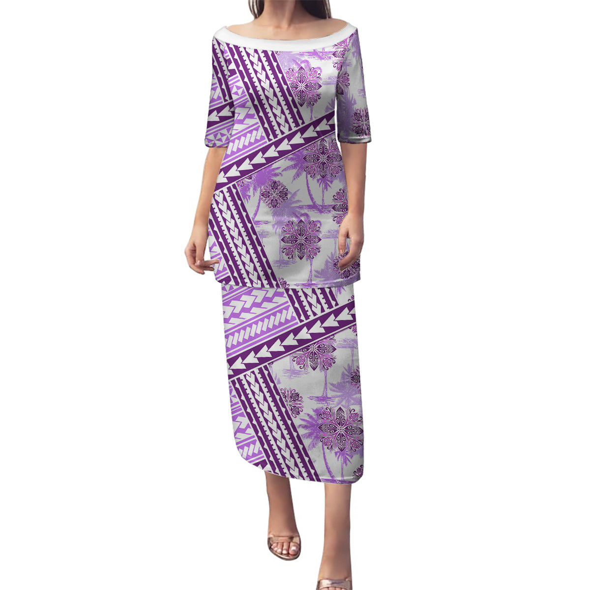 Hawaii Quilt Family Matching Puletasi Dress and Hawaiian Shirt Kakau Polynesian Pattern Lilac Version LT01 Mom's Dress Purple - Polynesian Pride