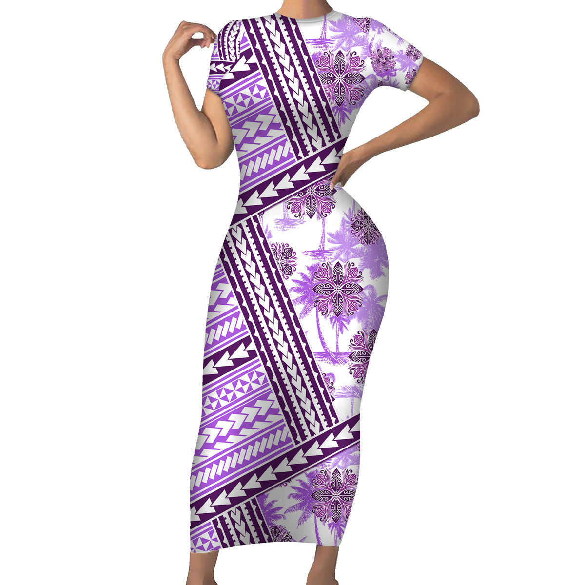 Hawaii Quilt Family Matching Short Sleeve Bodycon Dress and Hawaiian Shirt Kakau Polynesian Pattern Lilac Version LT01 Mom's Dress Purple - Polynesian Pride