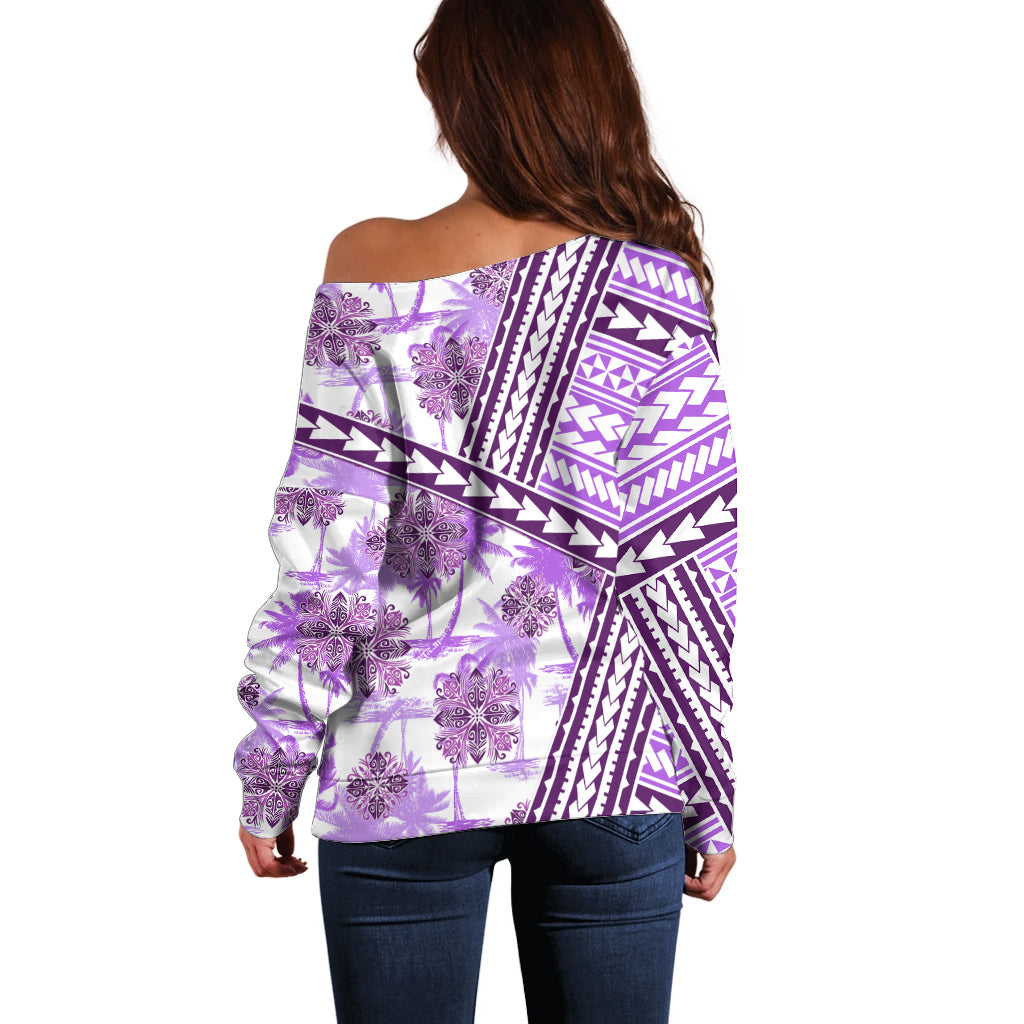 Hawaii Quilt Off Shoulder Sweater Kakau Polynesian Pattern Lilac Version LT01 - Polynesian Pride