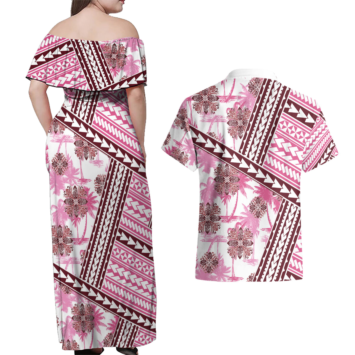 Hawaii Quilt Couples Matching Off Shoulder Maxi Dress and Hawaiian Shirt Kakau Polynesian Pattern Mauve Pink Version LT01 - Polynesian Pride