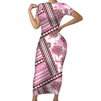Hawaii Quilt Family Matching Short Sleeve Bodycon Dress and Hawaiian Shirt Kakau Polynesian Pattern Mauve Pink Version LT01 Mom's Dress Pink - Polynesian Pride