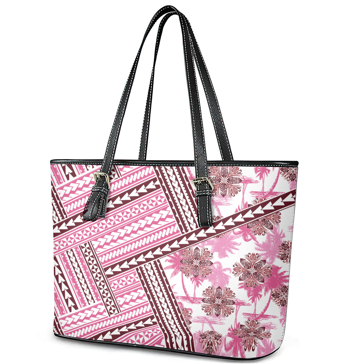 Hawaii Quilt Leather Tote Bag Kakau Polynesian Pattern Mauve Pink Version LT01 - Polynesian Pride