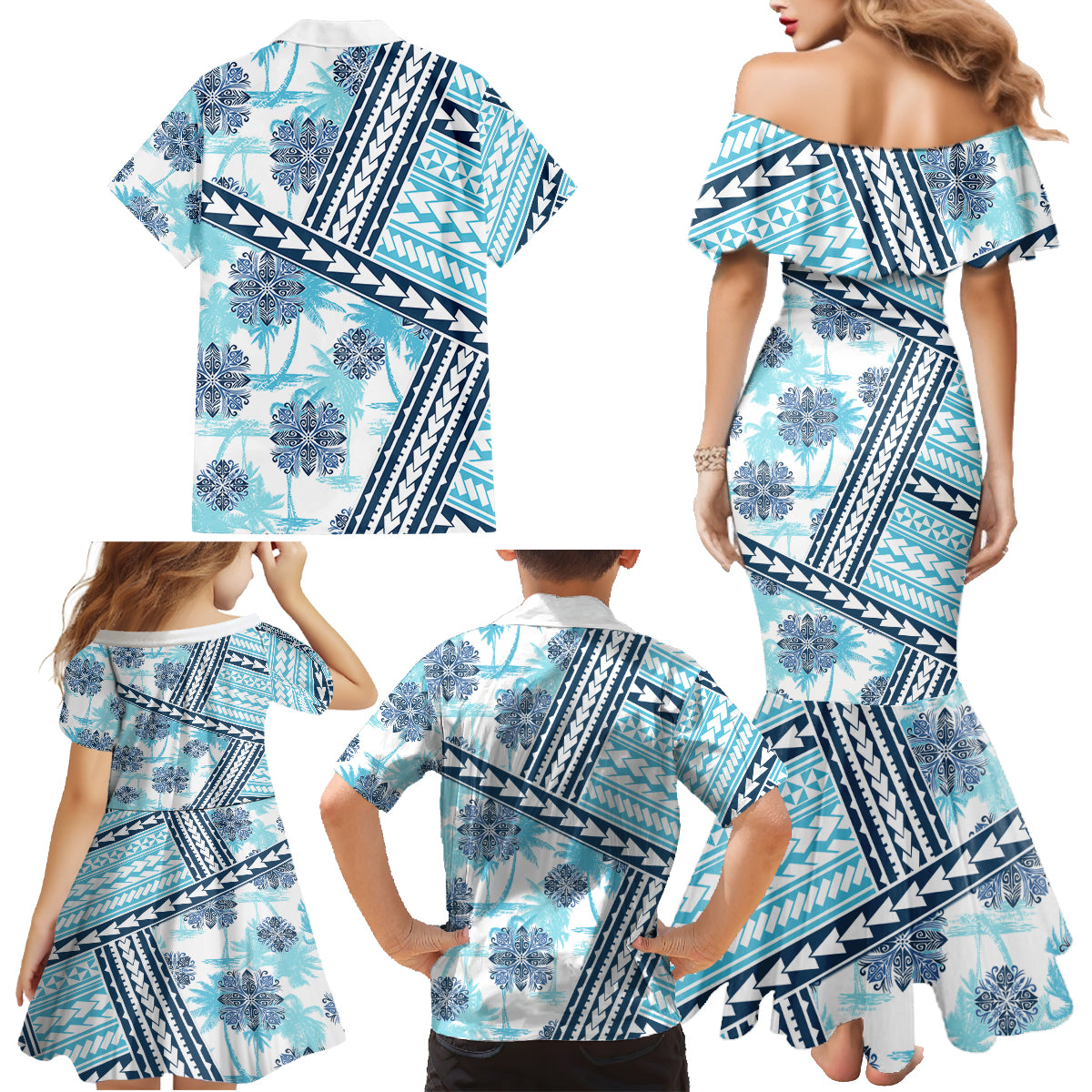 Hawaii Quilt Family Matching Mermaid Dress and Hawaiian Shirt Kakau Polynesian Pattern Sky Blue Version LT01 - Polynesian Pride