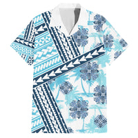 Hawaii Quilt Family Matching Off Shoulder Maxi Dress and Hawaiian Shirt Kakau Polynesian Pattern Sky Blue Version LT01 Dad's Shirt - Short Sleeve Blue - Polynesian Pride