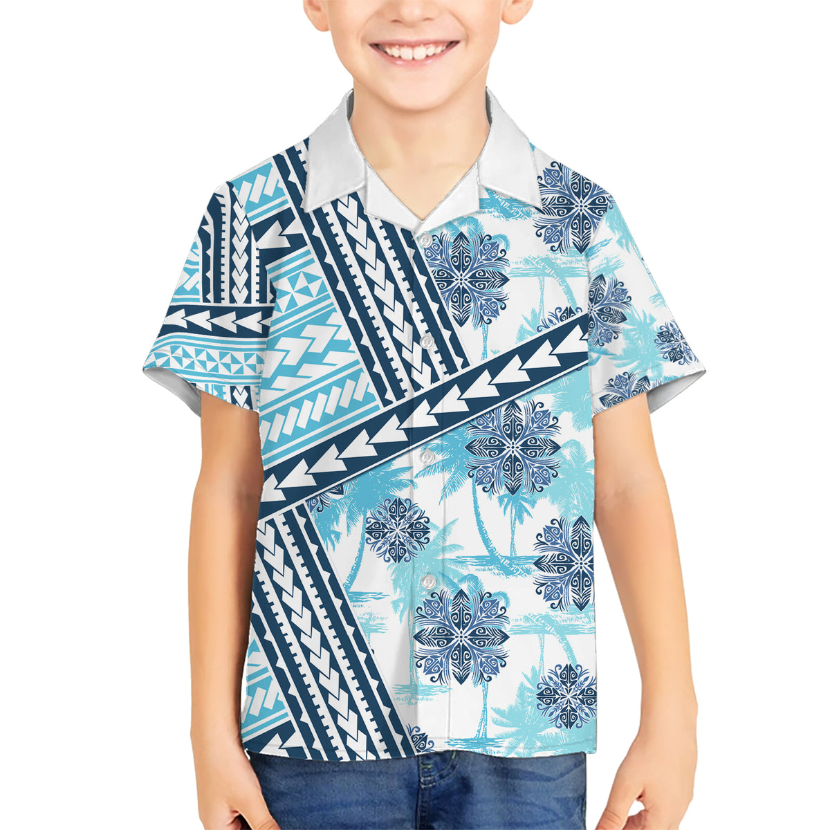 Hawaii Quilt Family Matching Short Sleeve Bodycon Dress and Hawaiian Shirt Kakau Polynesian Pattern Sky Blue Version LT01 Son's Shirt Blue - Polynesian Pride