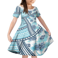 Hawaii Quilt Family Matching Tank Maxi Dress and Hawaiian Shirt Kakau Polynesian Pattern Sky Blue Version LT01 Daughter's Dress Blue - Polynesian Pride