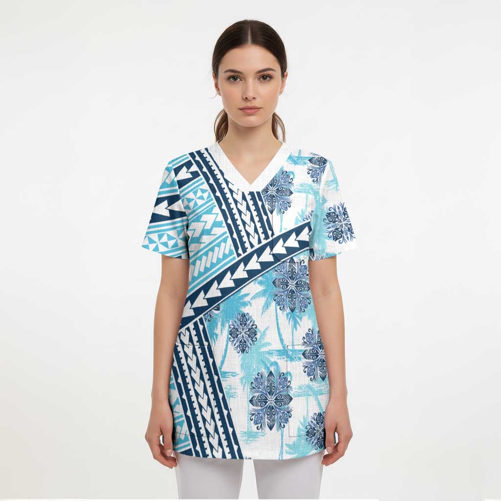 Hawaii Quilt Scrub Top Kakau Polynesian Pattern Sky Blue Version - Polynesian Pride