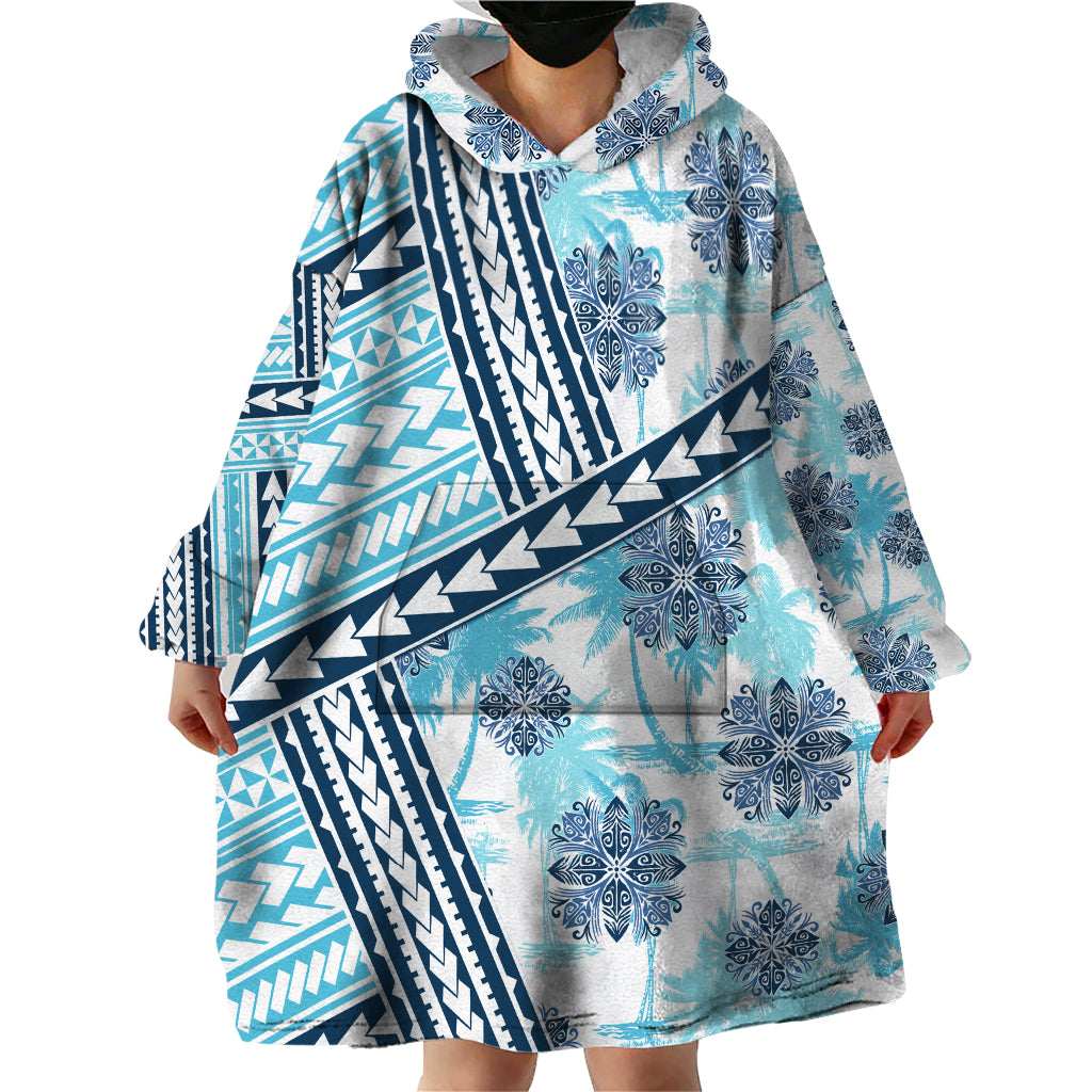 Hawaii Quilt Wearable Blanket Hoodie Kakau Polynesian Pattern Sky Blue Version LT01 - Polynesian Pride