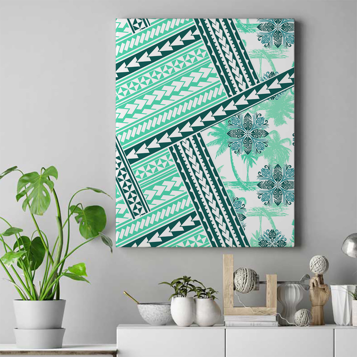Hawaii Quilt Canvas Wall Art Kakau Polynesian Pattern Teal Version LT01 Teal - Polynesian Pride