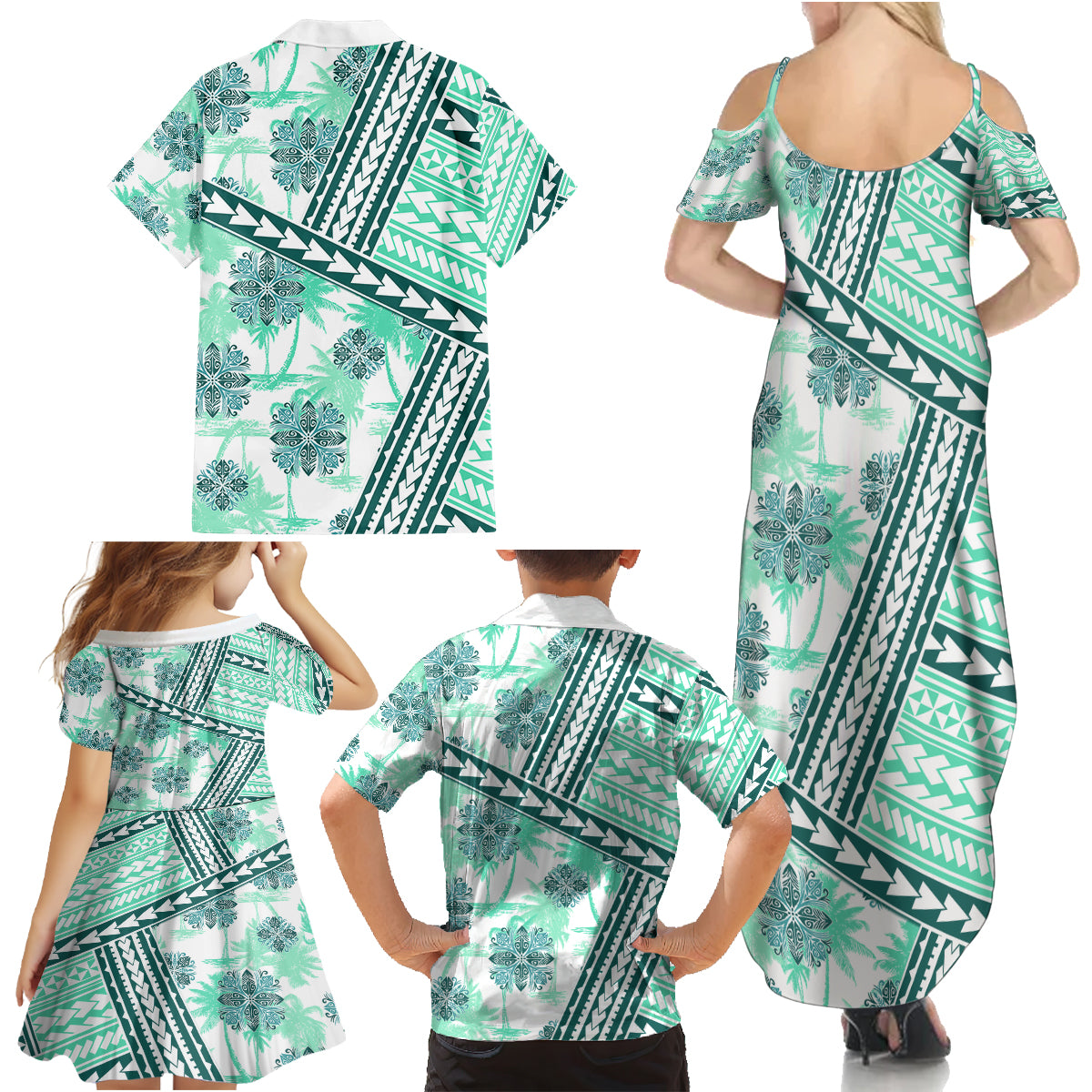 Hawaii Quilt Family Matching Summer Maxi Dress and Hawaiian Shirt Kakau Polynesian Pattern Teal Version LT01 - Polynesian Pride