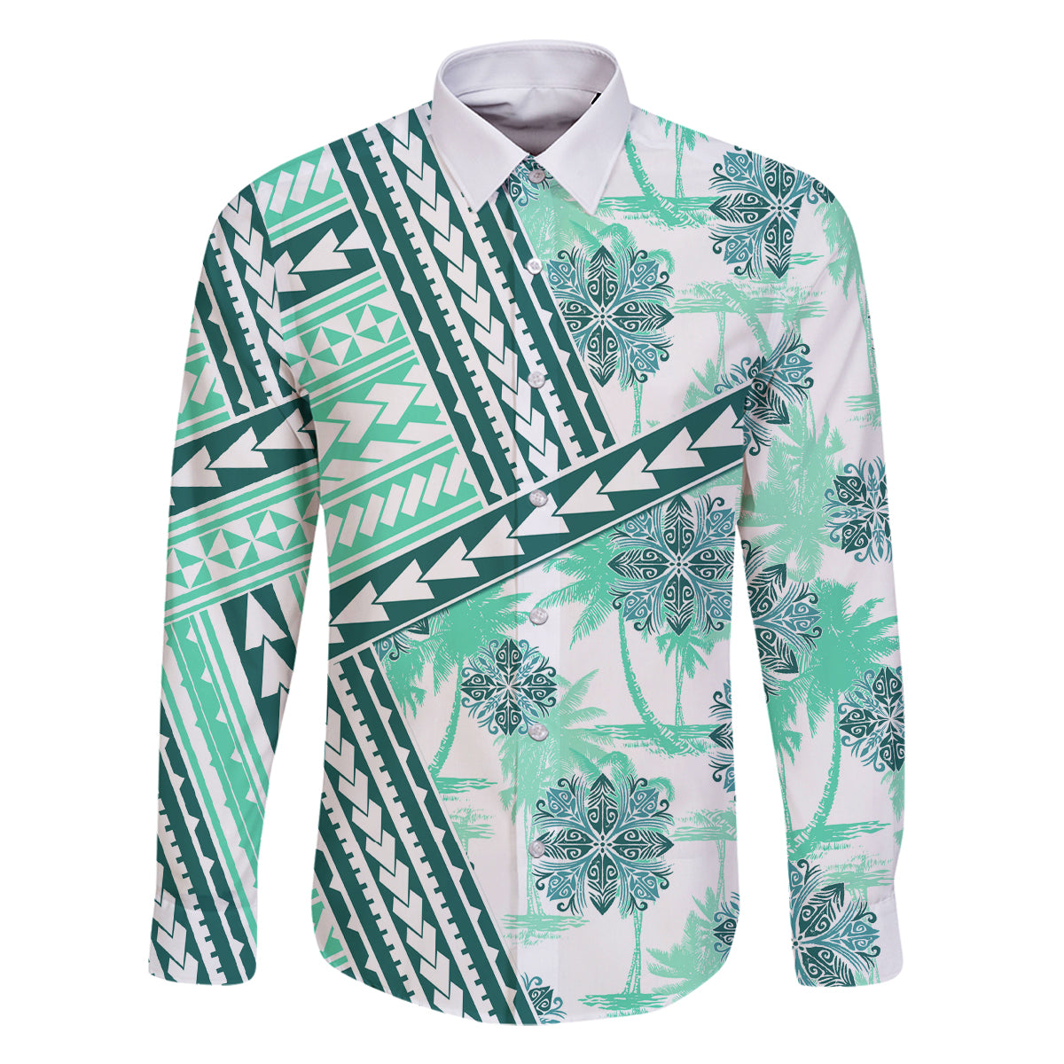 Hawaii Quilt Family Matching Tank Maxi Dress and Hawaiian Shirt Kakau Polynesian Pattern Teal Version LT01 Dad's Shirt - Long Sleeve Teal - Polynesian Pride