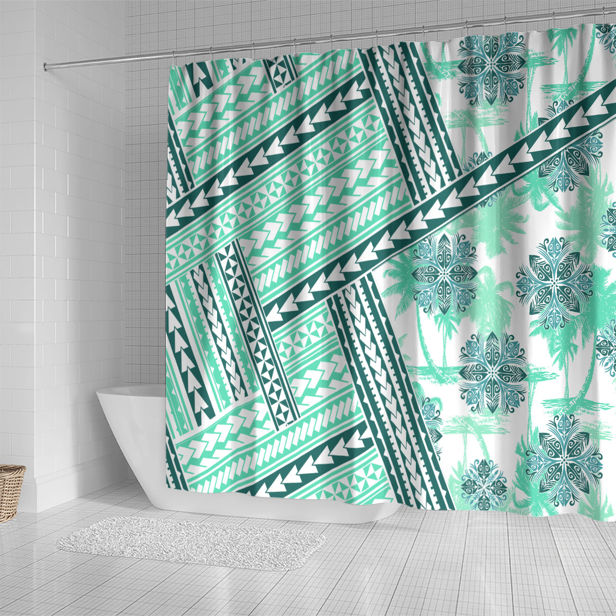 Hawaii Quilt Shower Curtain Kakau Polynesian Pattern Teal Version LT01 - Polynesian Pride