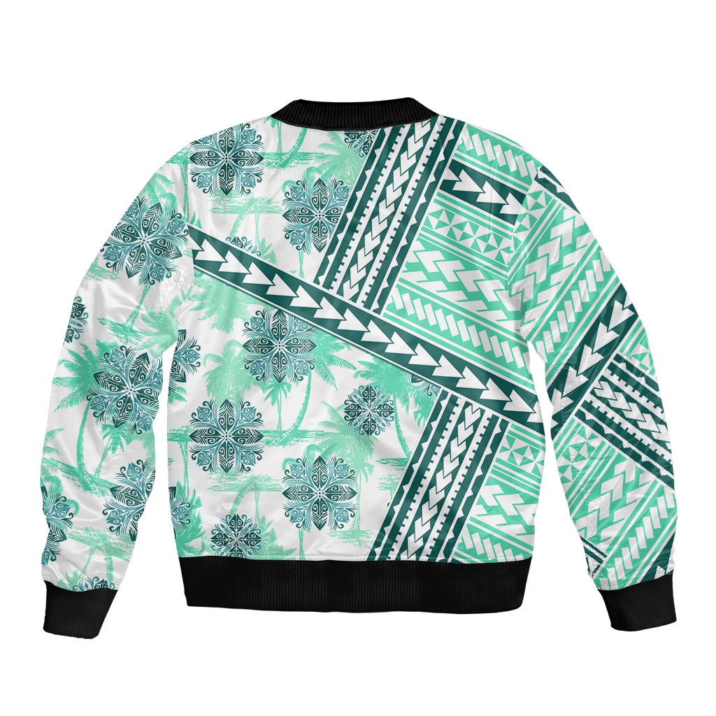 Hawaii Quilt Sleeve Zip Bomber Jacket Kakau Polynesian Pattern Teal Version LT01 - Polynesian Pride