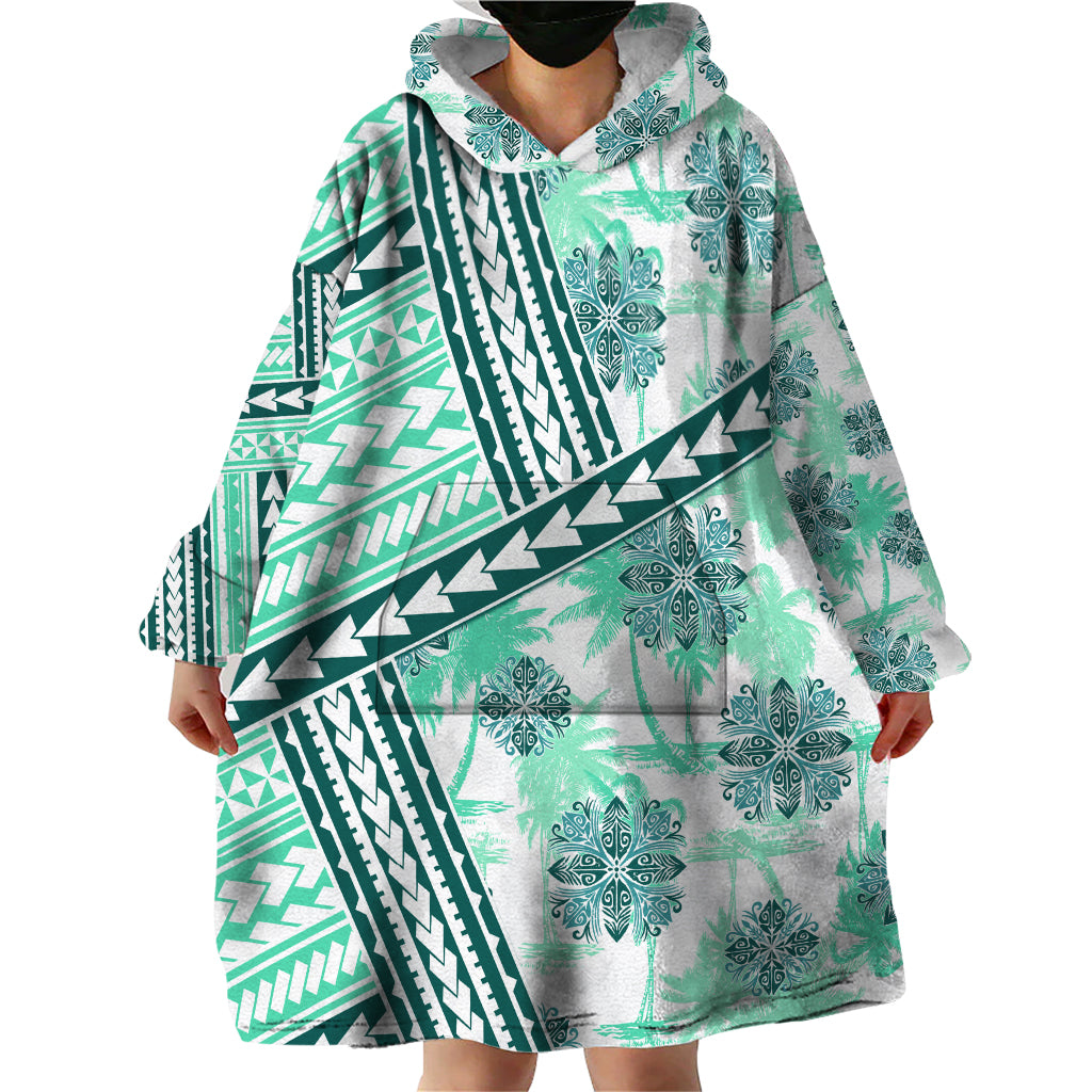 Hawaii Quilt Wearable Blanket Hoodie Kakau Polynesian Pattern Teal Version LT01 - Polynesian Pride