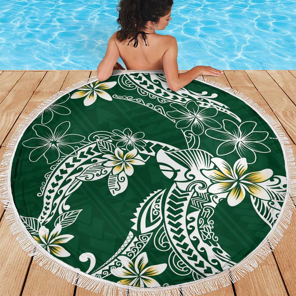 Polynesian Hawaiian Plumeria Tribal Pattern Beach Blanket Green Version