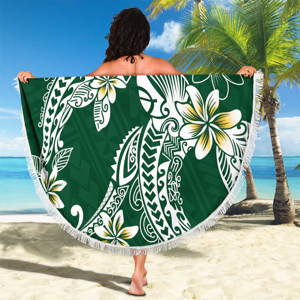 Polynesian Hawaiian Plumeria Tribal Pattern Beach Blanket Green Version