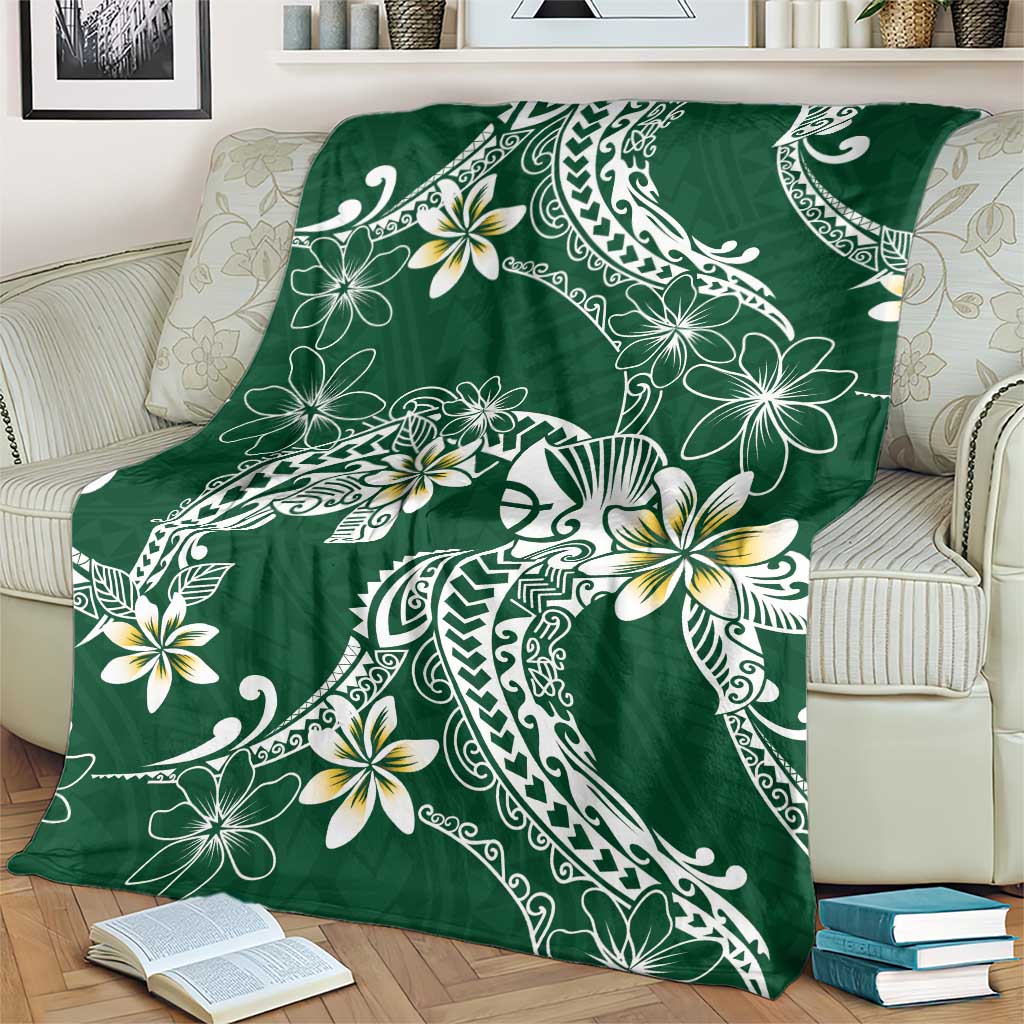 Polynesian Hawaiian Plumeria Tribal Pattern Blanket Green Version