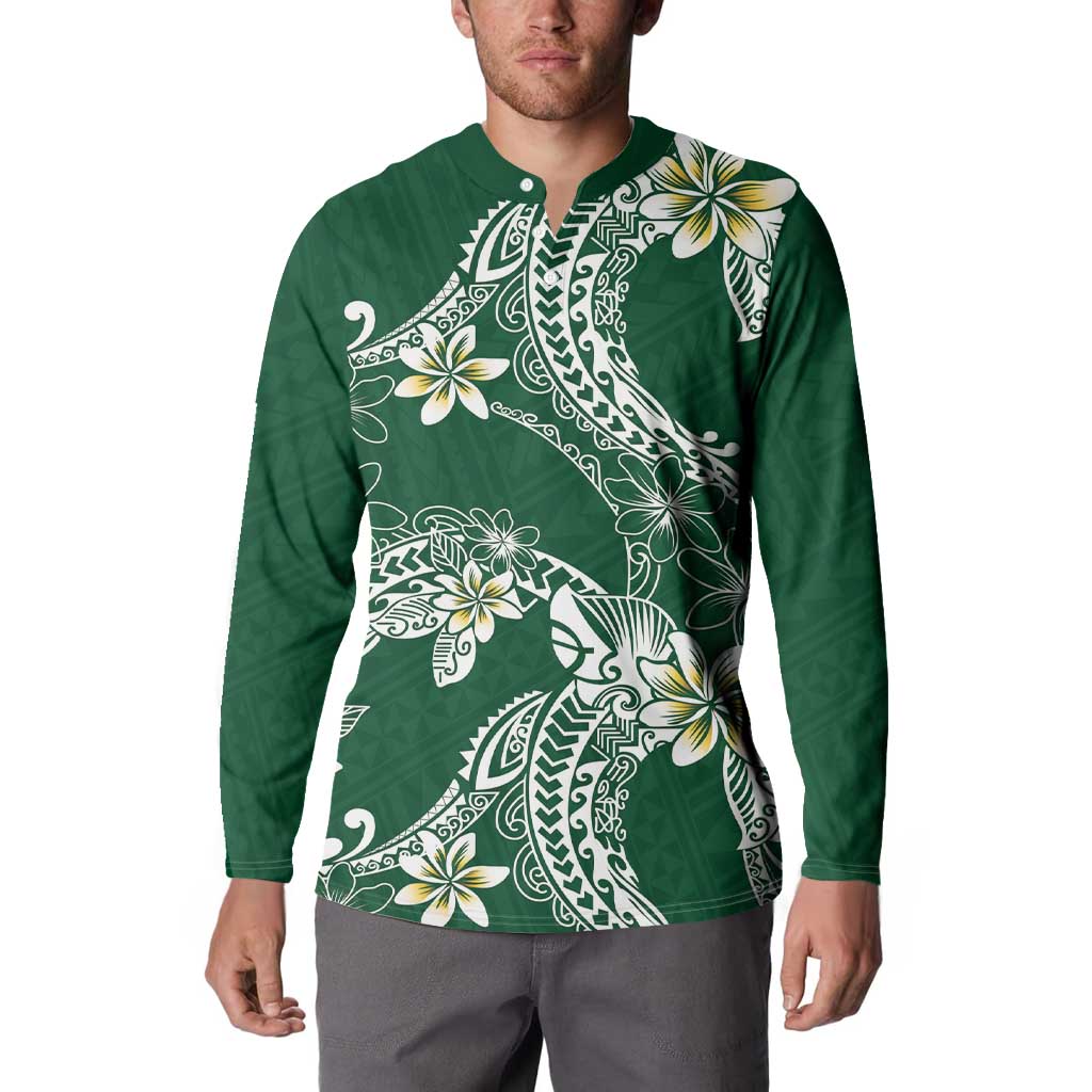 Polynesian Hawaiian Plumeria Tribal Pattern Button Sweatshirt Green Version