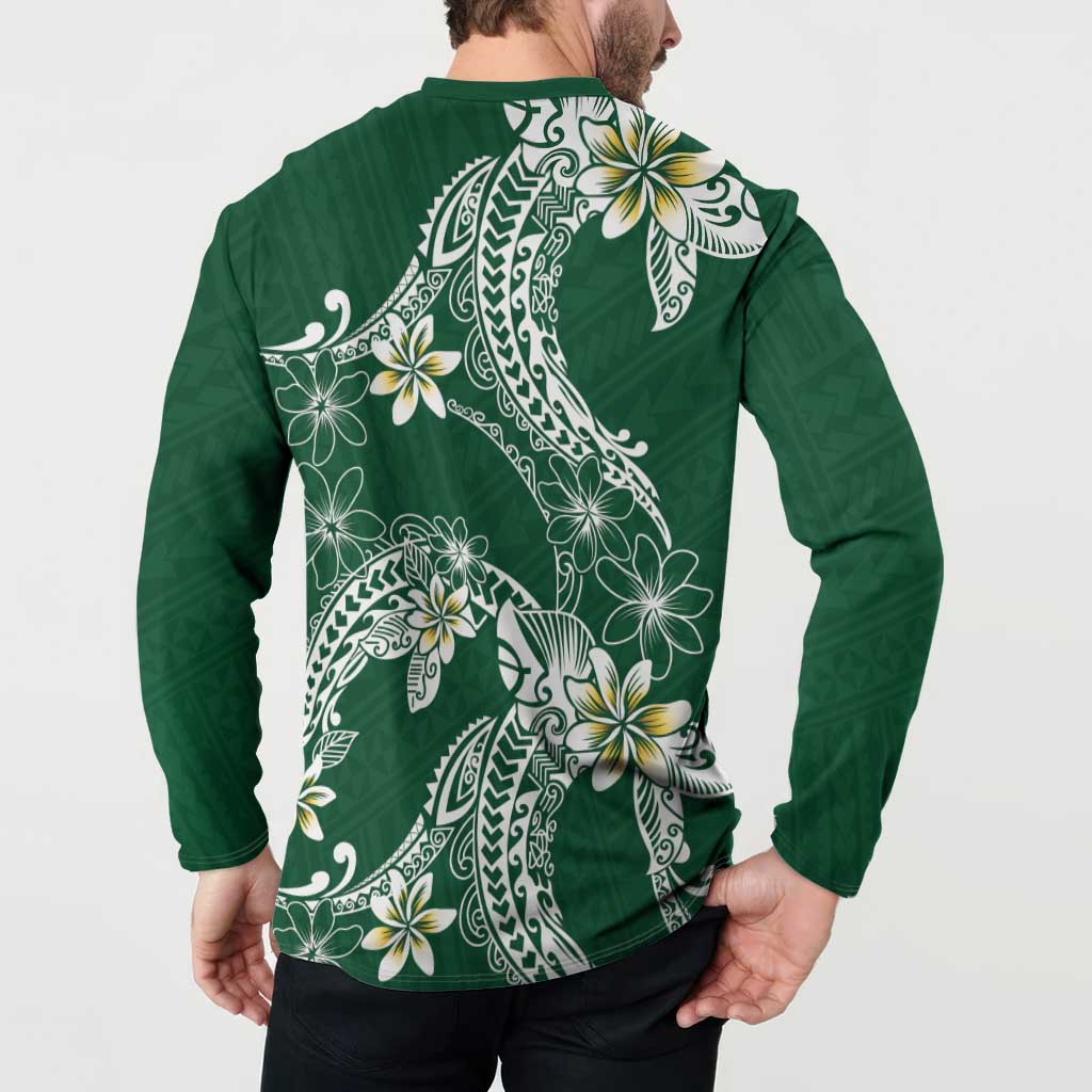 Polynesian Hawaiian Plumeria Tribal Pattern Button Sweatshirt Green Version