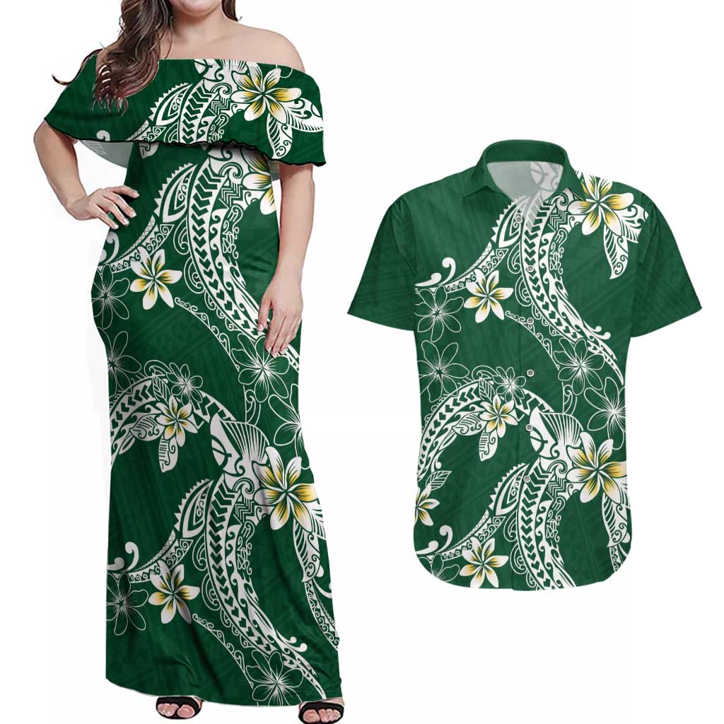 Polynesian Hawaiian Plumeria Tribal Pattern Couples Matching Off Shoulder Maxi Dress and Hawaiian Shirt Green Version