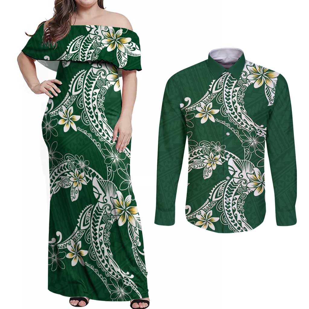 Polynesian Hawaiian Plumeria Tribal Pattern Couples Matching Off Shoulder Maxi Dress and Long Sleeve Button Shirt Green Version
