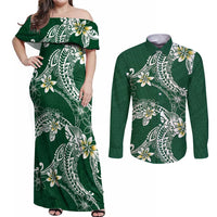 Polynesian Hawaiian Plumeria Tribal Pattern Couples Matching Off Shoulder Maxi Dress and Long Sleeve Button Shirt Green Version