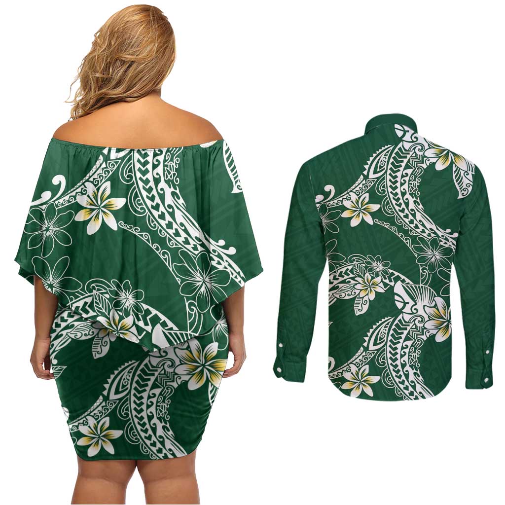 Polynesian Hawaiian Plumeria Tribal Pattern Couples Matching Off Shoulder Short Dress and Long Sleeve Button Shirt Green Version