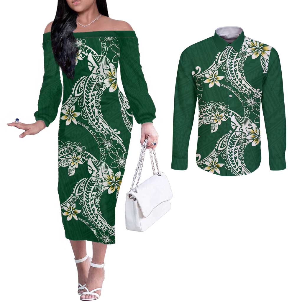 Polynesian Hawaiian Plumeria Tribal Pattern Couples Matching Off The Shoulder Long Sleeve Dress and Long Sleeve Button Shirt Green Version