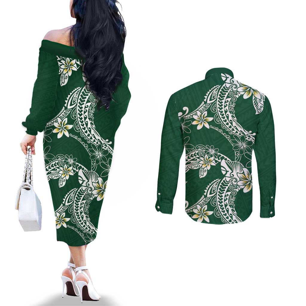 Polynesian Hawaiian Plumeria Tribal Pattern Couples Matching Off The Shoulder Long Sleeve Dress and Long Sleeve Button Shirt Green Version