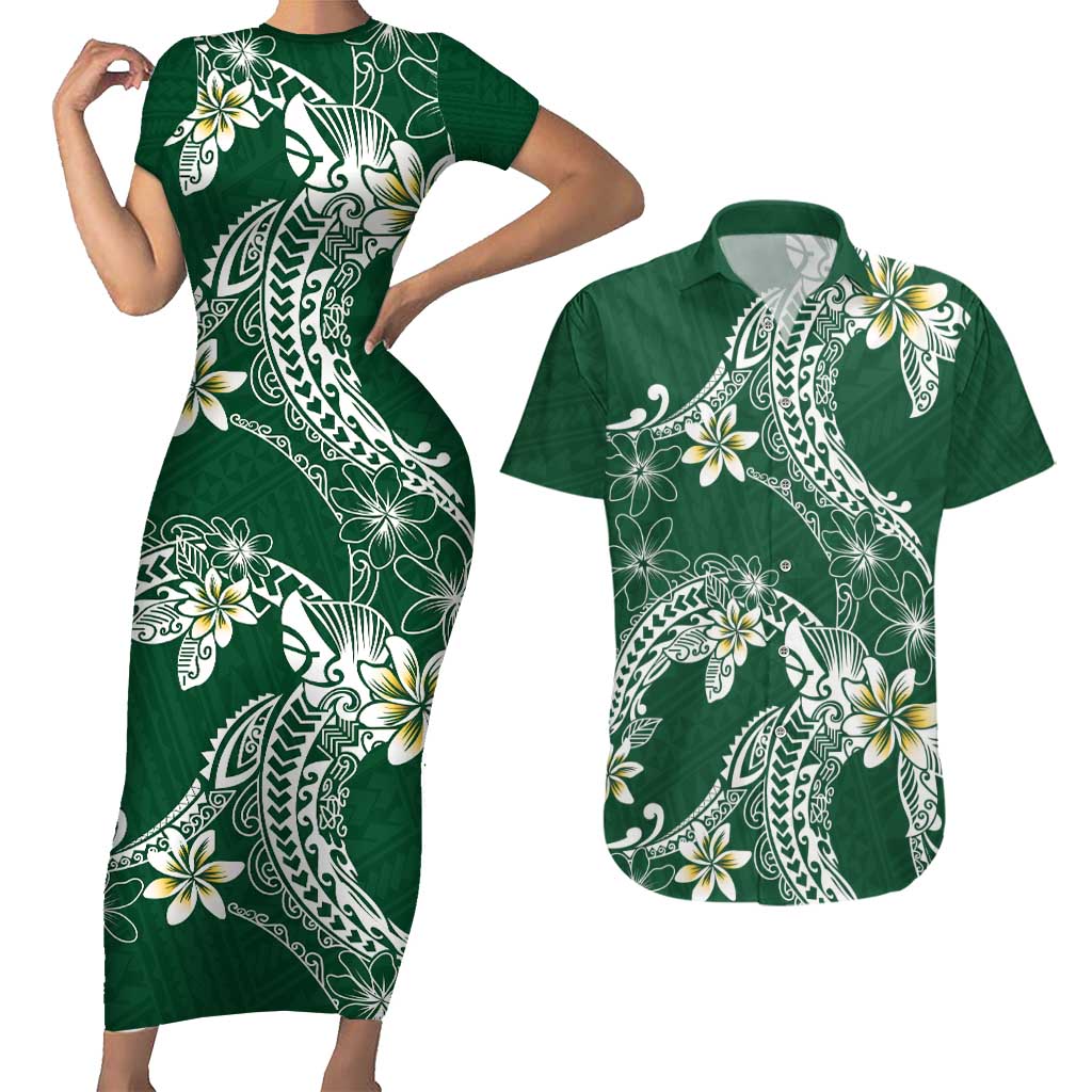 Polynesian Hawaiian Plumeria Tribal Pattern Couples Matching Short Sleeve Bodycon Dress and Hawaiian Shirt Green Version
