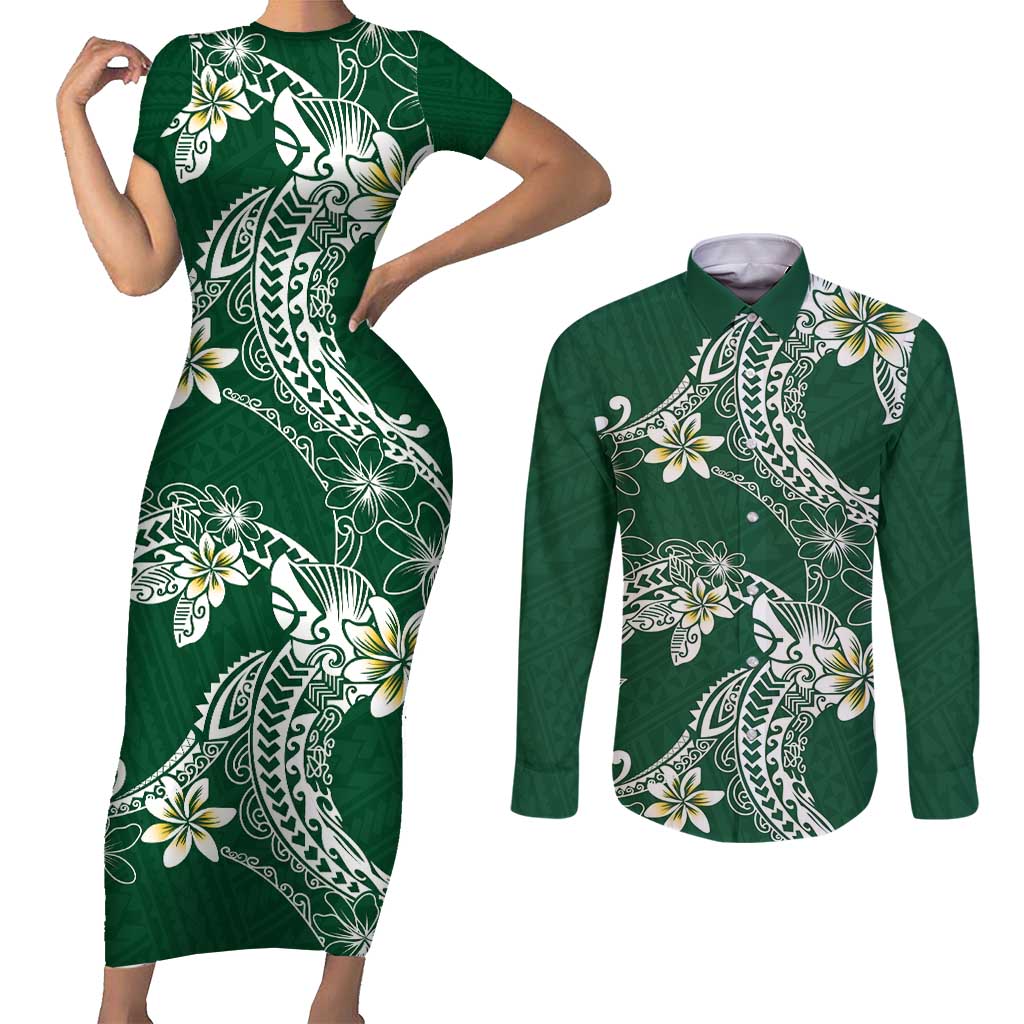 Polynesian Hawaiian Plumeria Tribal Pattern Couples Matching Short Sleeve Bodycon Dress and Long Sleeve Button Shirt Green Version