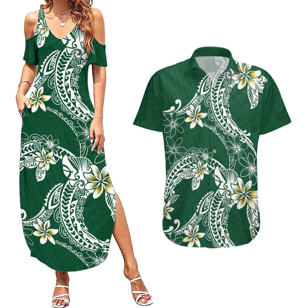 Polynesian Hawaiian Plumeria Tribal Pattern Couples Matching Summer Maxi Dress and Hawaiian Shirt Green Version