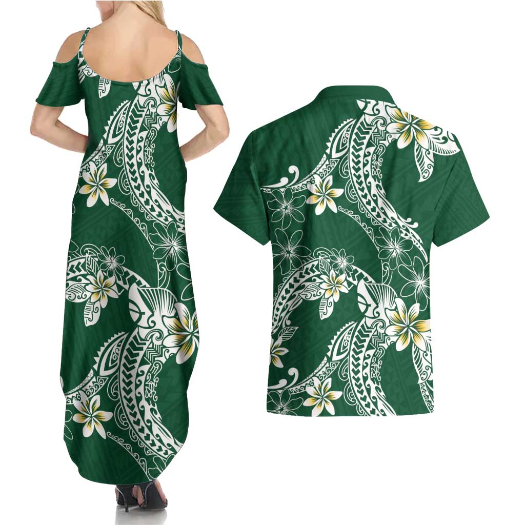 Polynesian Hawaiian Plumeria Tribal Pattern Couples Matching Summer Maxi Dress and Hawaiian Shirt Green Version