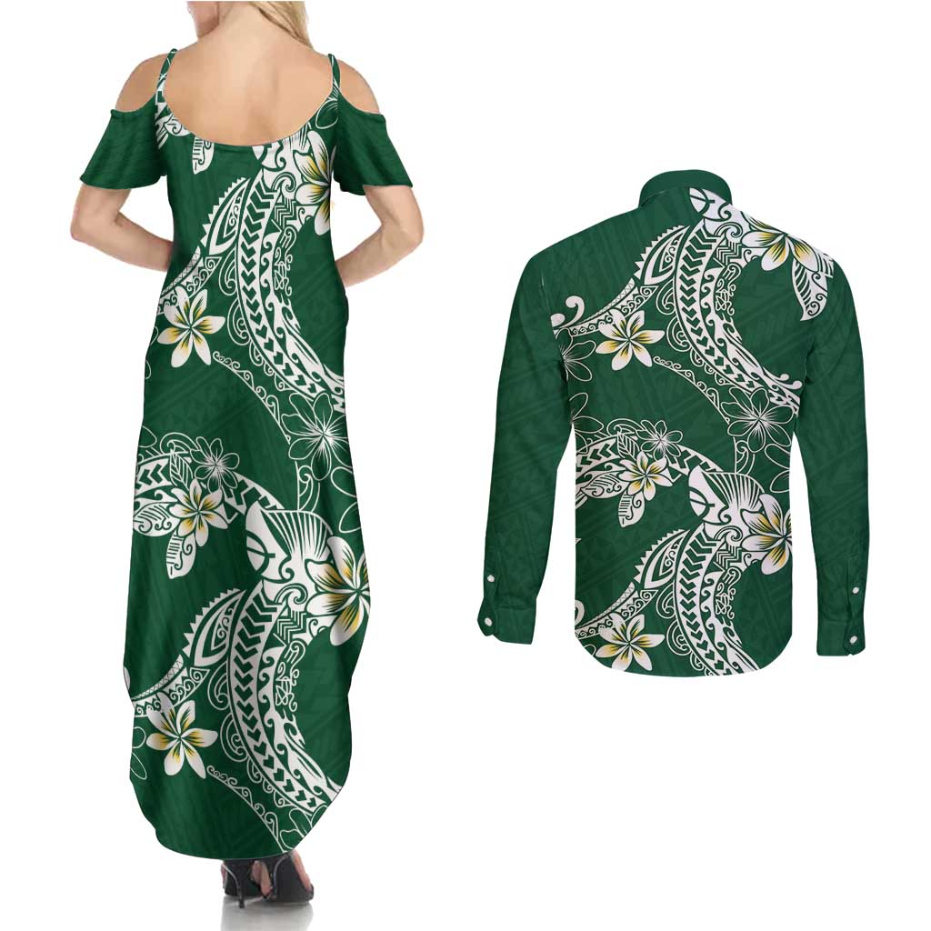 Polynesian Hawaiian Plumeria Tribal Pattern Couples Matching Summer Maxi Dress and Long Sleeve Button Shirt Green Version