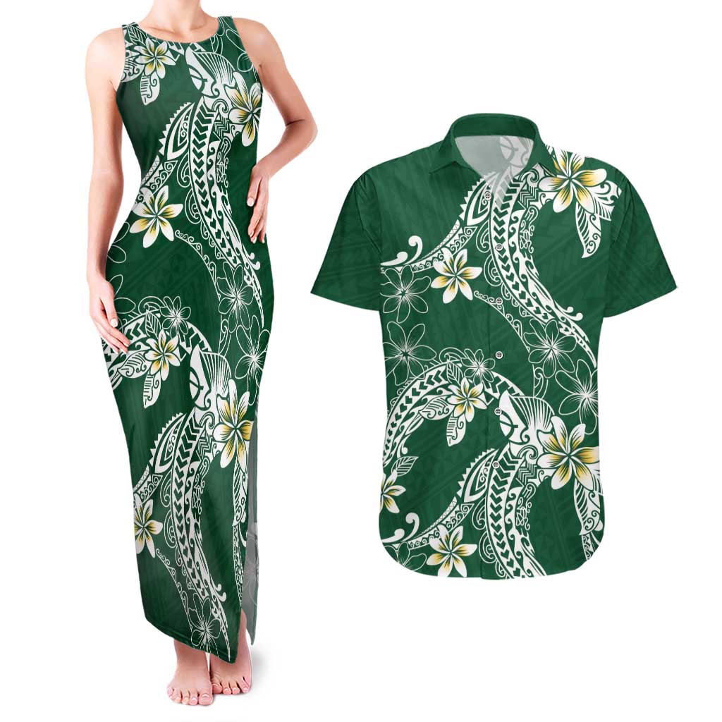 Polynesian Hawaiian Plumeria Tribal Pattern Couples Matching Tank Maxi Dress and Hawaiian Shirt Green Version