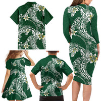 Polynesian Hawaiian Plumeria Tribal Pattern Family Matching Long Sleeve Bodycon Dress and Hawaiian Shirt Green Version
