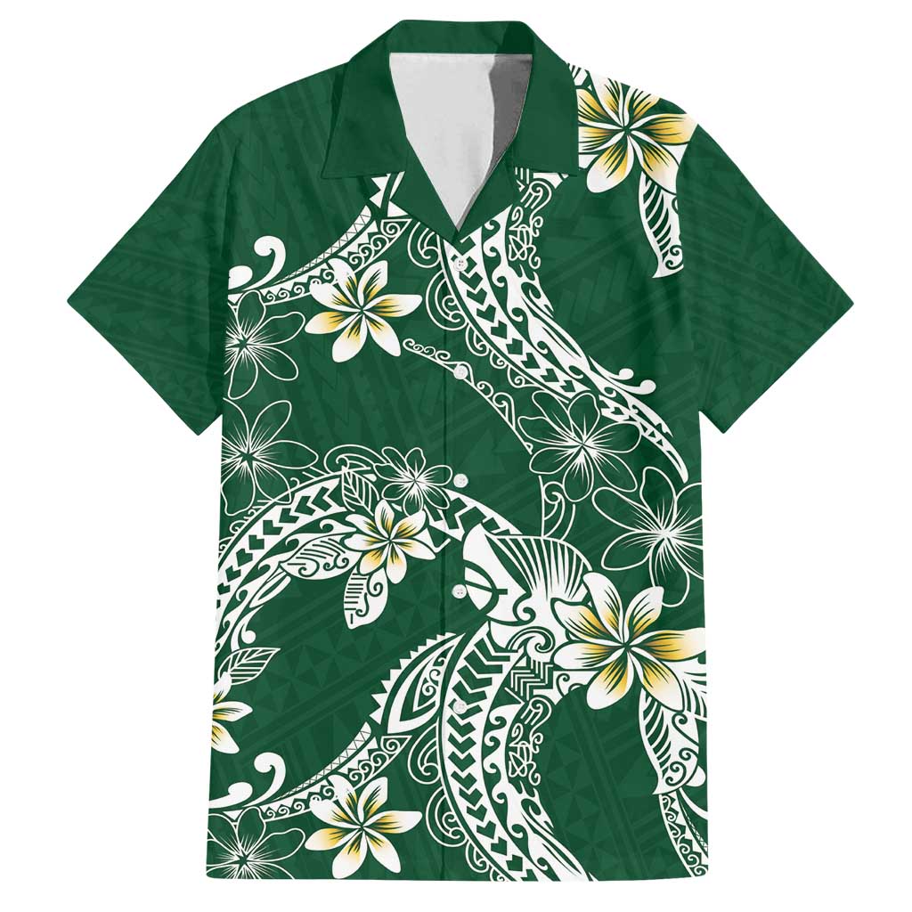 Polynesian Hawaiian Plumeria Tribal Pattern Family Matching Long Sleeve Bodycon Dress and Hawaiian Shirt Green Version