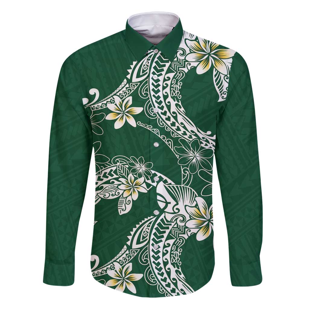 Polynesian Hawaiian Plumeria Tribal Pattern Family Matching Long Sleeve Bodycon Dress and Hawaiian Shirt Green Version