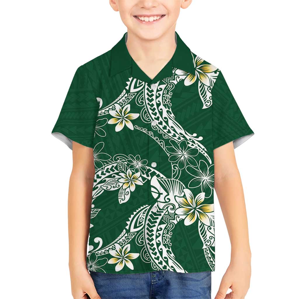 Polynesian Hawaiian Plumeria Tribal Pattern Family Matching Long Sleeve Bodycon Dress and Hawaiian Shirt Green Version